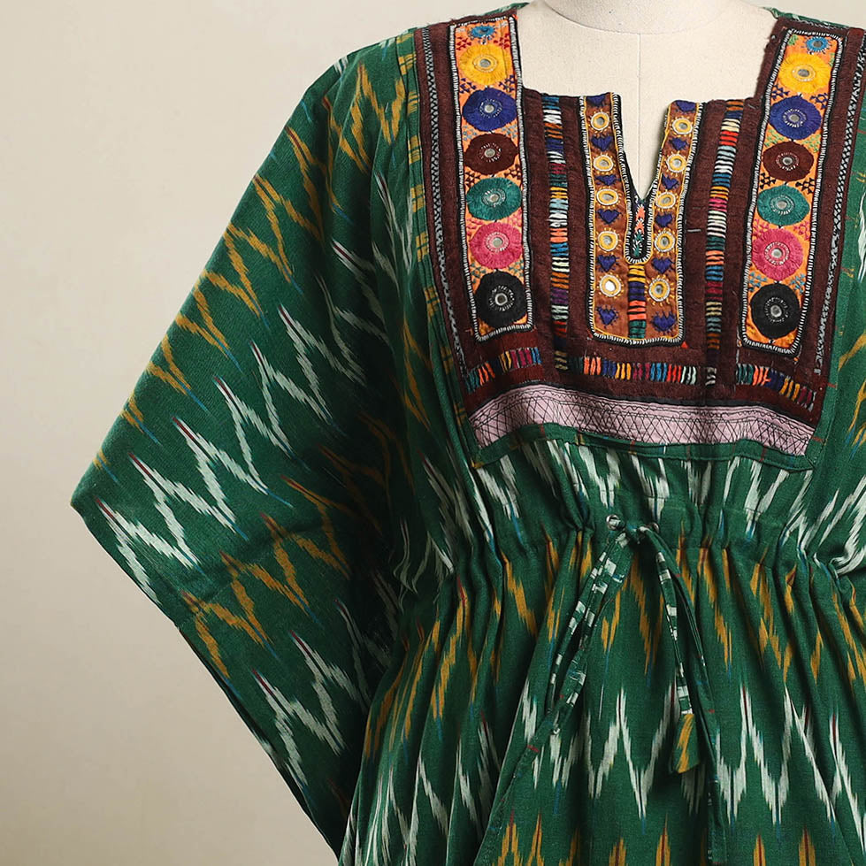 Buy Green Ikat Cotton Kaftan with Desert Thread Embroidery