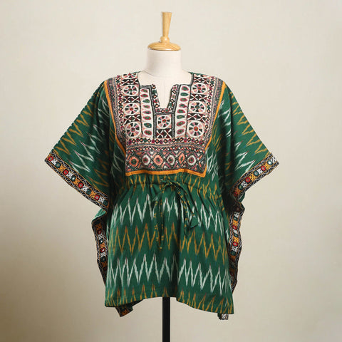 Green - ikat cotton kaftan with desert thread embroidery