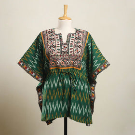 Green - ikat cotton kaftan with desert thread embroidery