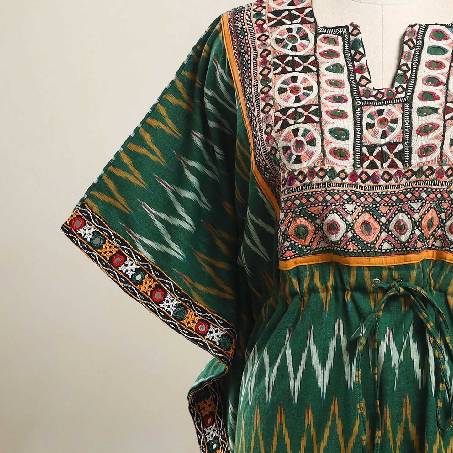 Green - ikat cotton kaftan with desert thread embroidery