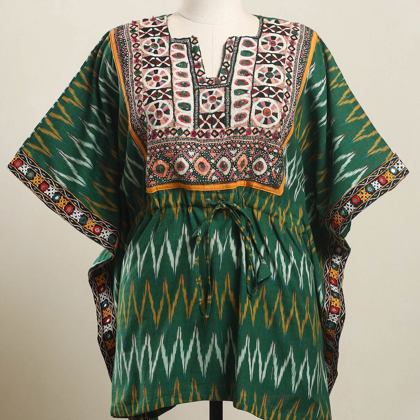 Green - ikat cotton kaftan with desert thread embroidery
