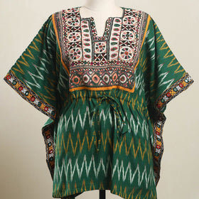 Green - ikat cotton kaftan with desert thread embroidery