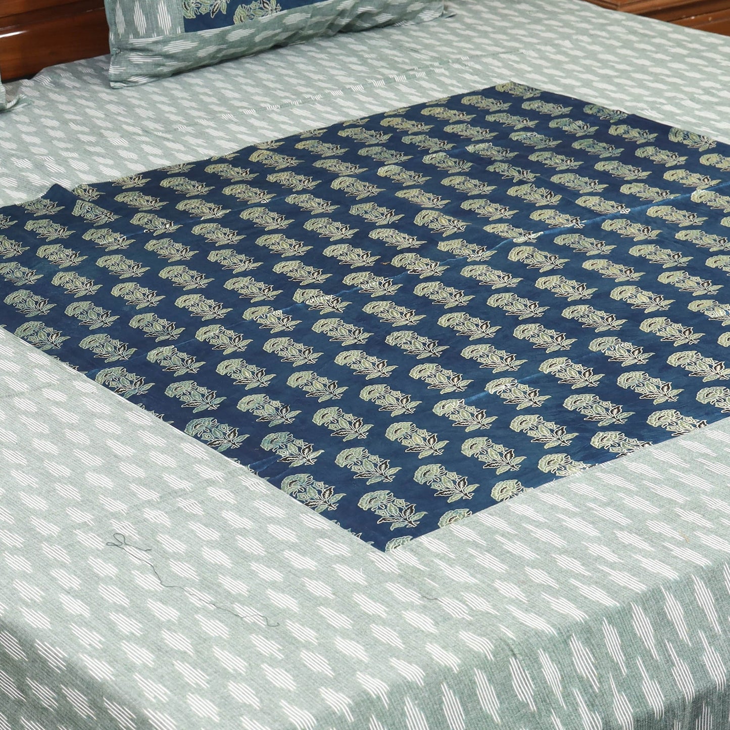 Green - ikat with modal silk patch cotton bedsheet set 30