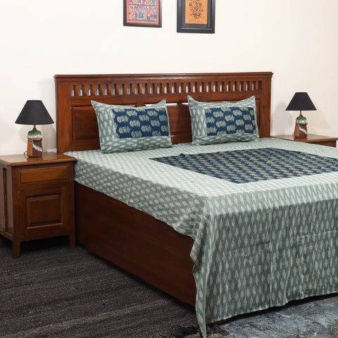 Green - ikat with modal silk patch cotton bedsheet set 30