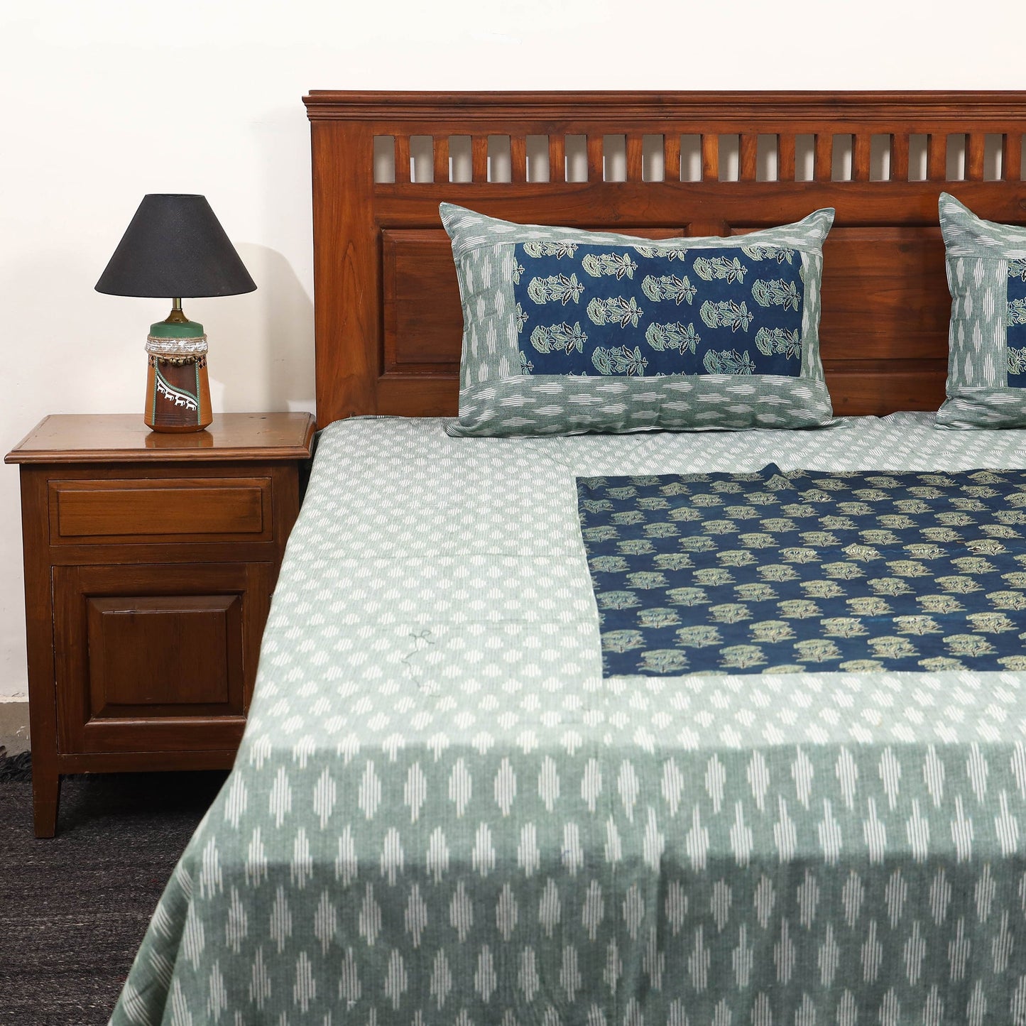 Green - ikat with modal silk patch cotton bedsheet set 30