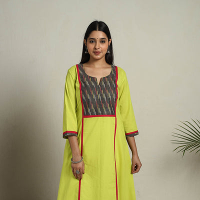  Ikat Mosaic Fusion A-Line Plain Cotton Green Kurta for Women