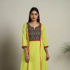  Ikat Mosaic Fusion A-Line Plain Cotton Green Kurta for Women