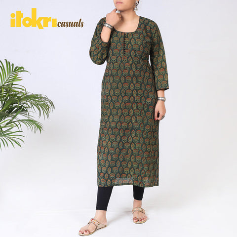 Buy iTokri Casuals - Ajrakh Block Print Cotton Long Kurta Online at iTokri.com