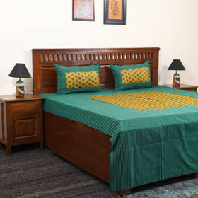 Green Jacquard with Ajrakh Modal Silk Patch Cotton Bedsheet Set