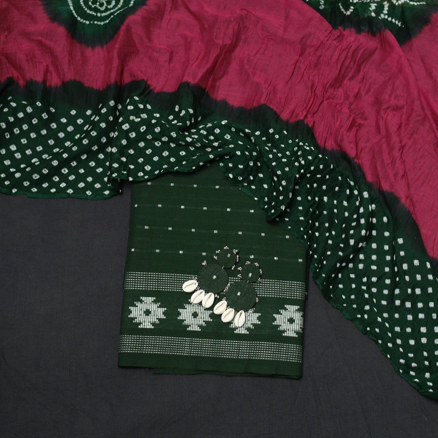 Green - Jacquard Cotton 2pc Unstitched Dress Material with Earrings 09