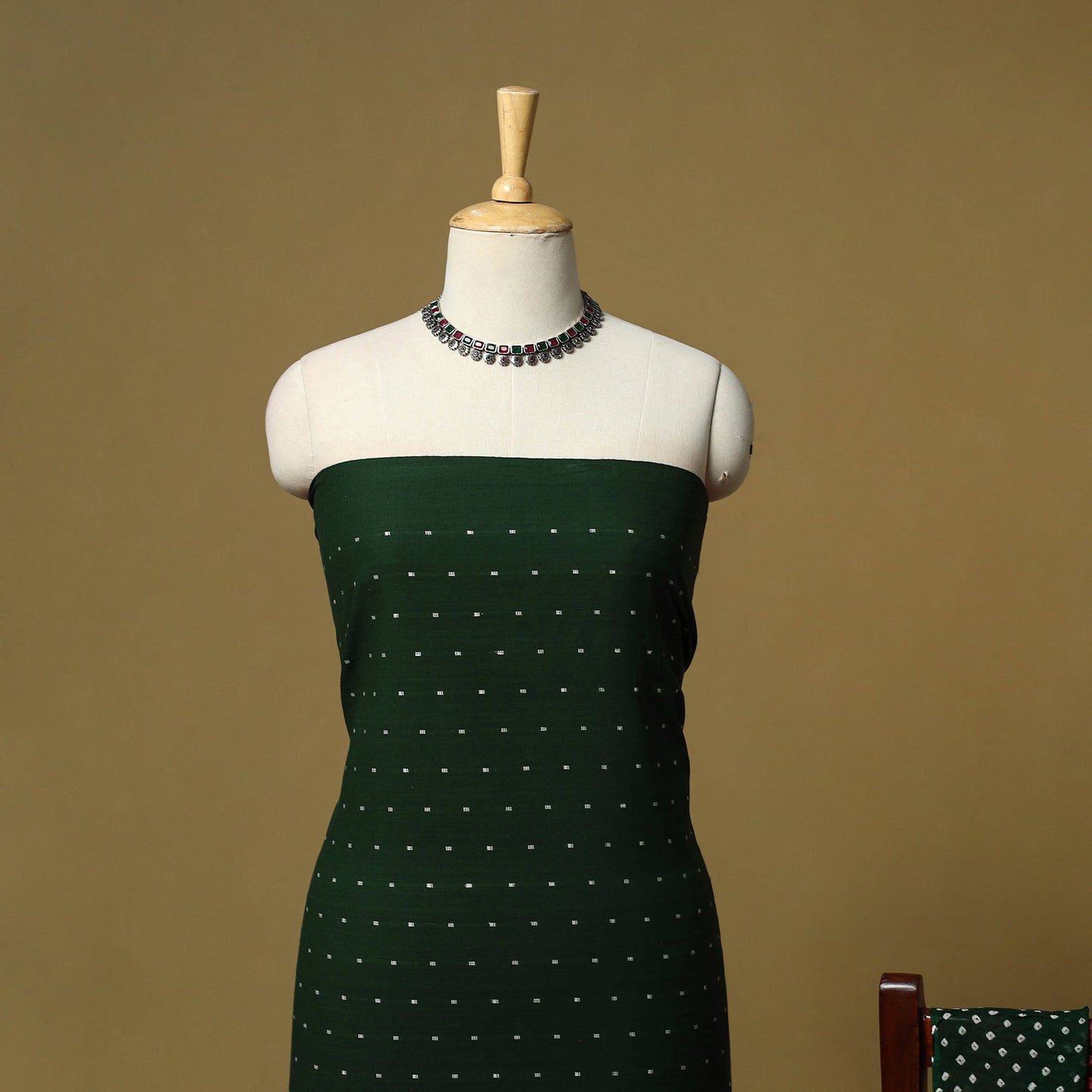 Green - Jacquard Cotton 2pc Unstitched Dress Material with Earrings 09