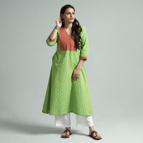 Green - jacquard cotton floral kurta - handcrafted