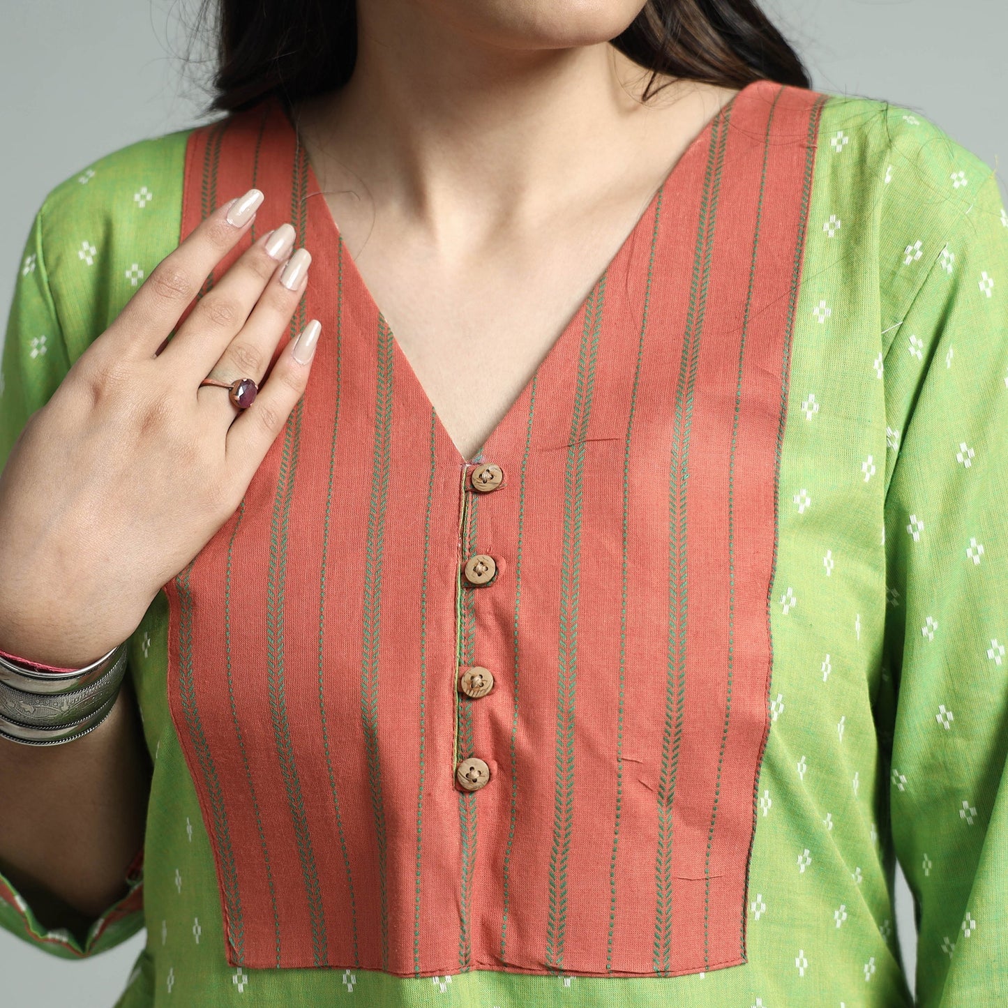 Green - jacquard cotton floral kurta - handcrafted