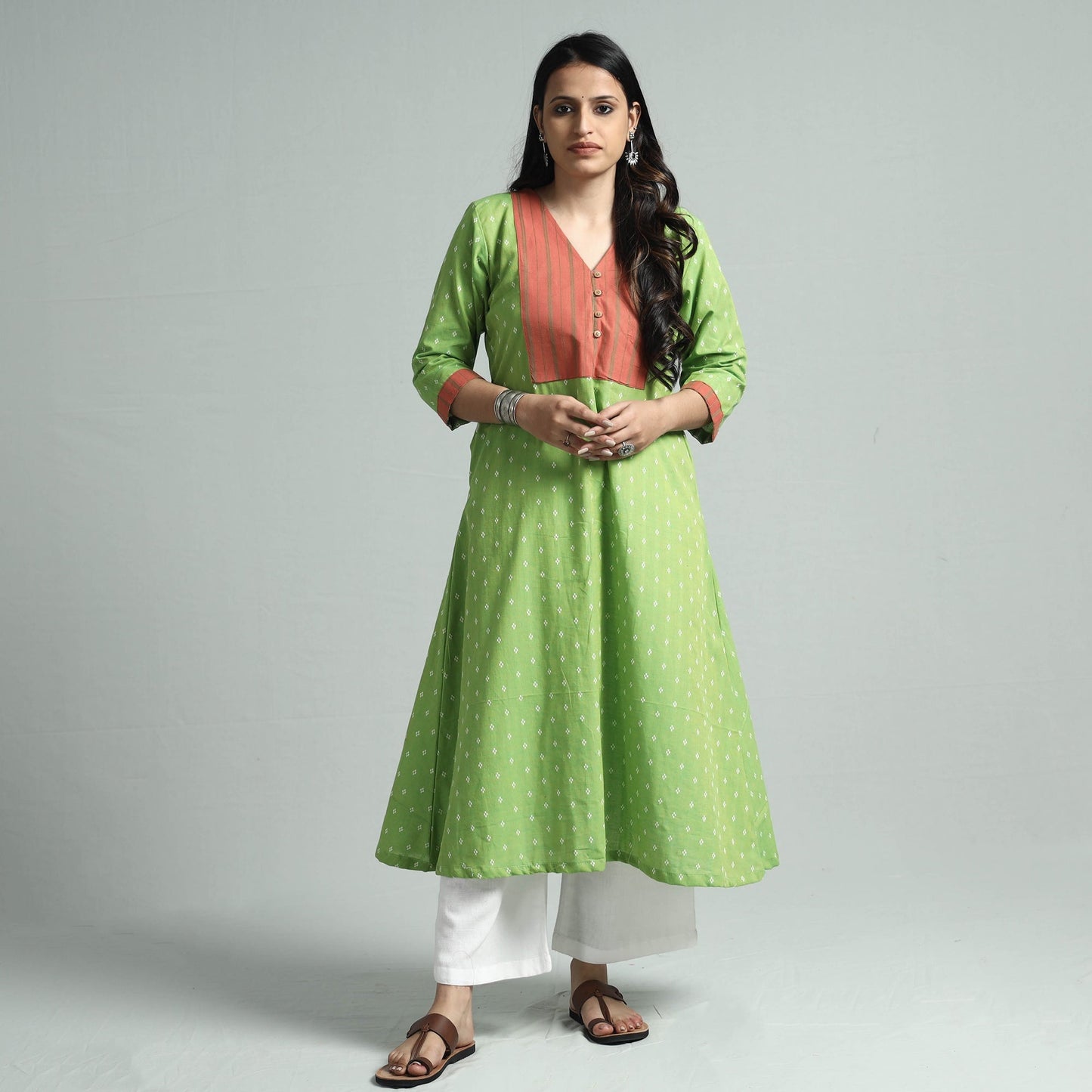 Green - jacquard cotton floral kurta - handcrafted