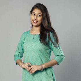 Mint green jacquard cotton long kurta - handcrafted