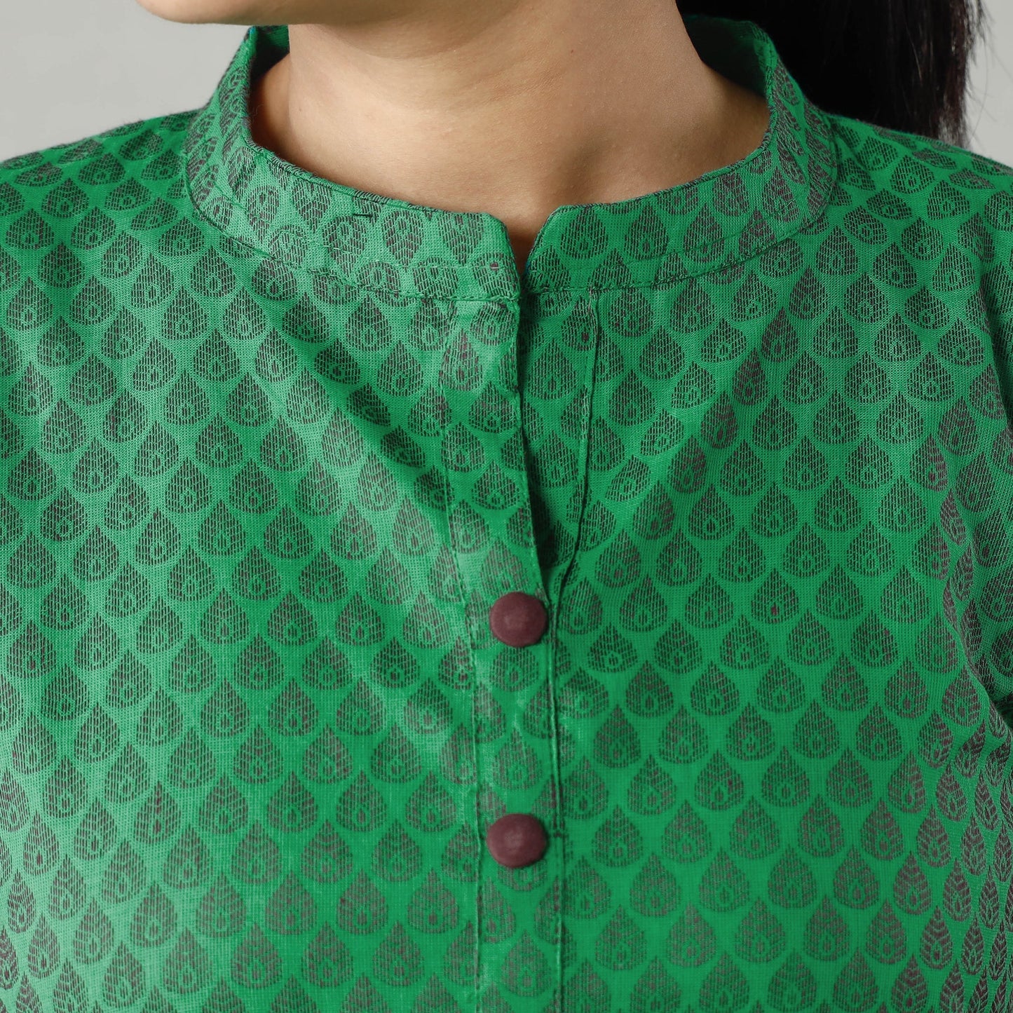 Green jacquard cotton long kurta - handcrafted