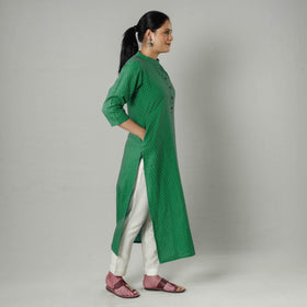 Green jacquard cotton long kurta - handcrafted