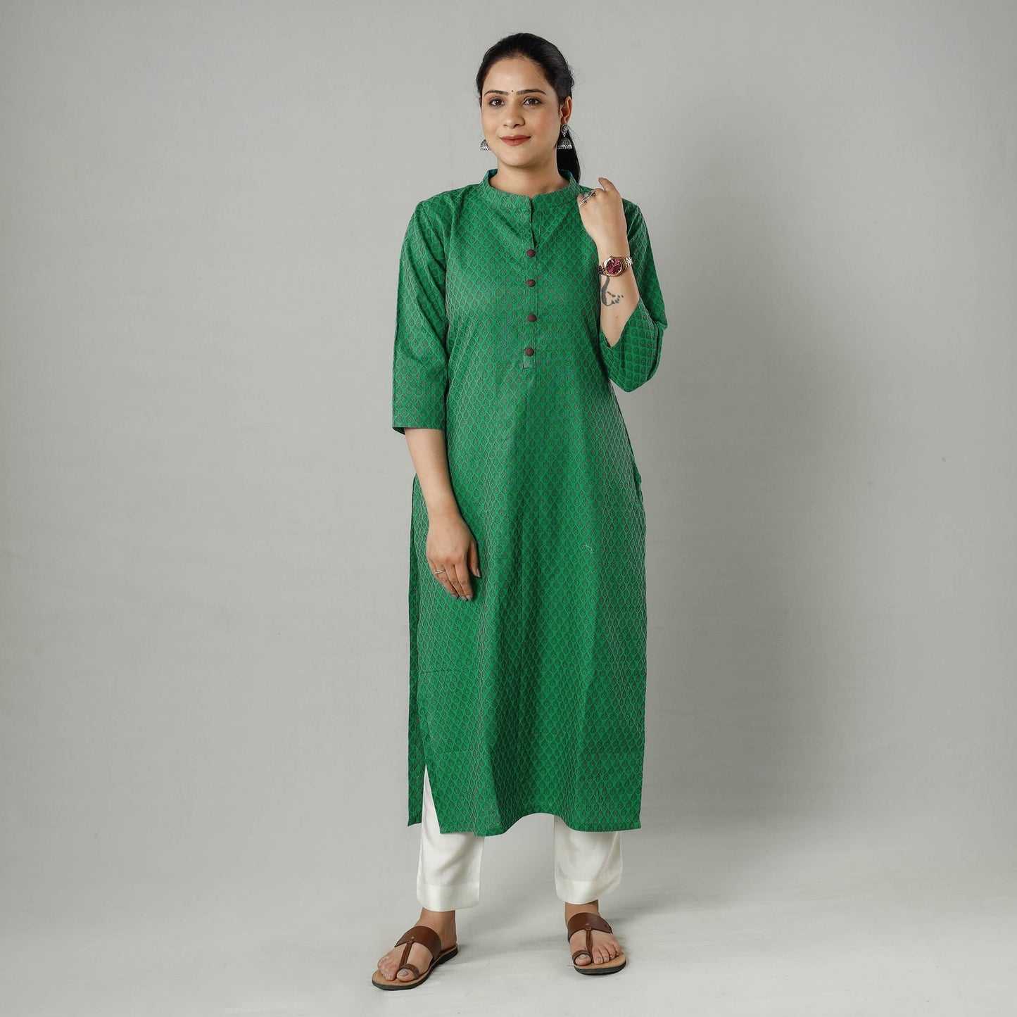 Green jacquard cotton long kurta - handcrafted
