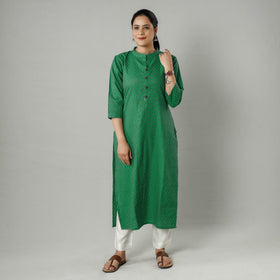 Green jacquard cotton long kurta - handcrafted