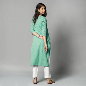Mint green jacquard cotton long kurta - handcrafted