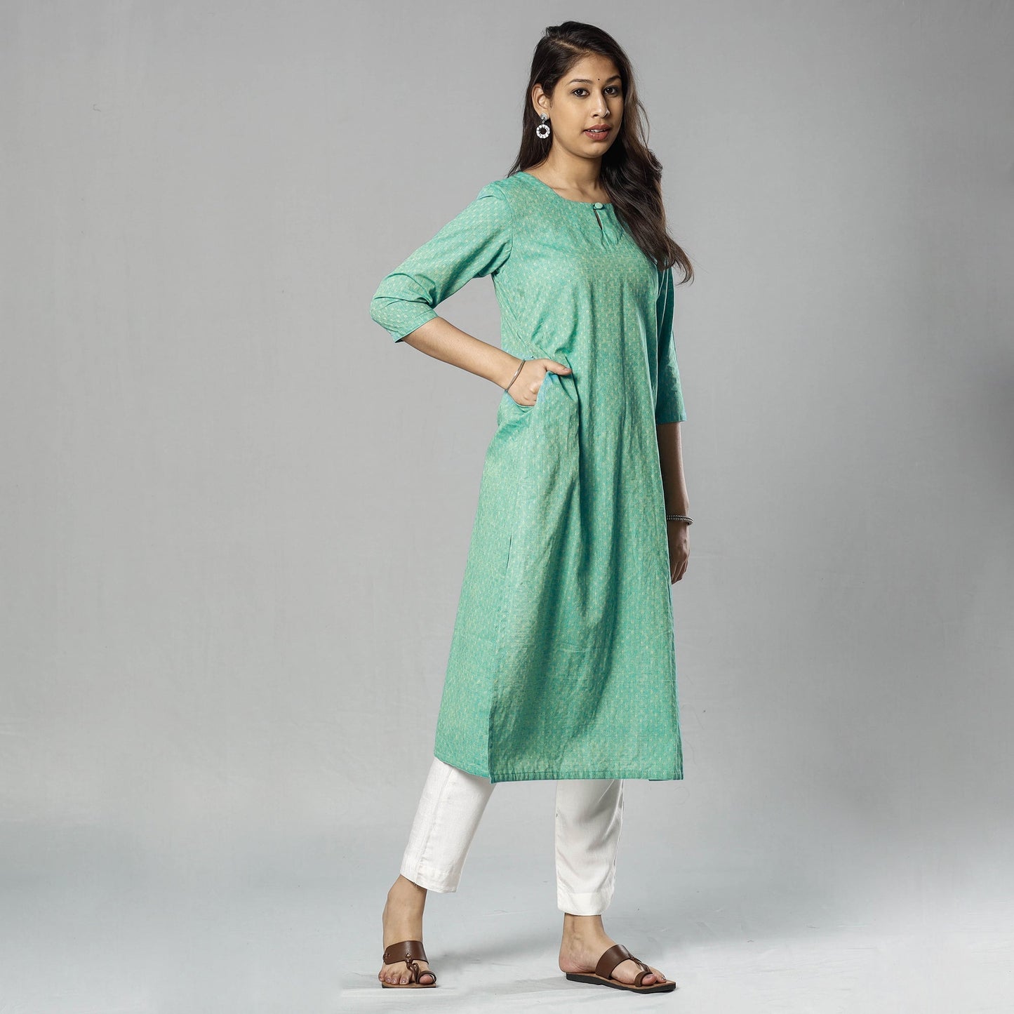 Mint green jacquard cotton long kurta - handcrafted