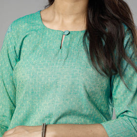 Mint green jacquard cotton long kurta - handcrafted