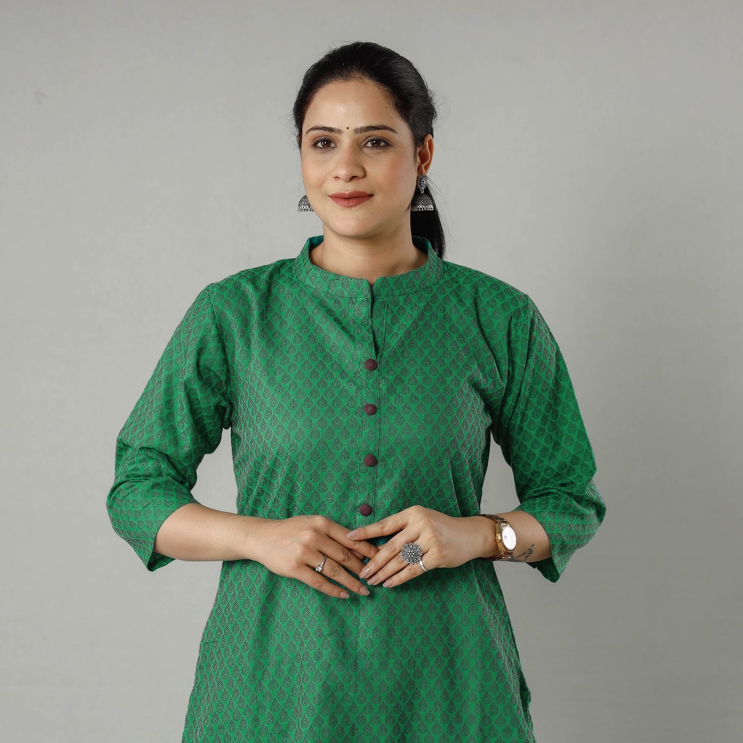 Green jacquard cotton long kurta - handcrafted