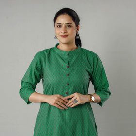 Green jacquard cotton long kurta - handcrafted