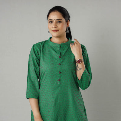 Green jacquard cotton long kurta - handcrafted