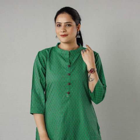 Green jacquard cotton long kurta - handcrafted
