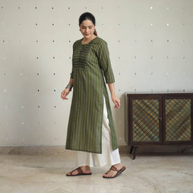 Green - Jacquard Cotton Pintuck Straight Kurta 22