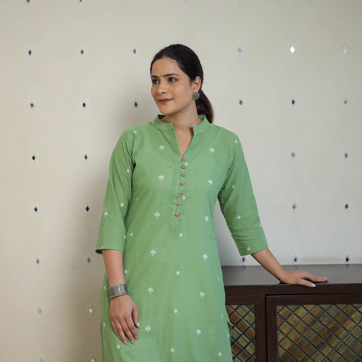 Green - jacquard cotton straight kurta 14 - handcrafted