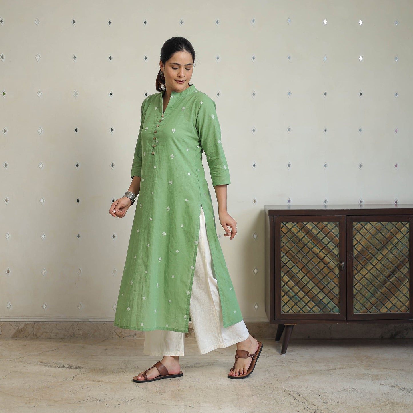 Green - jacquard cotton straight kurta 14 - handcrafted