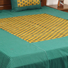 Green Jacquard with Ajrakh Modal Silk Patch Cotton Bedsheet Set