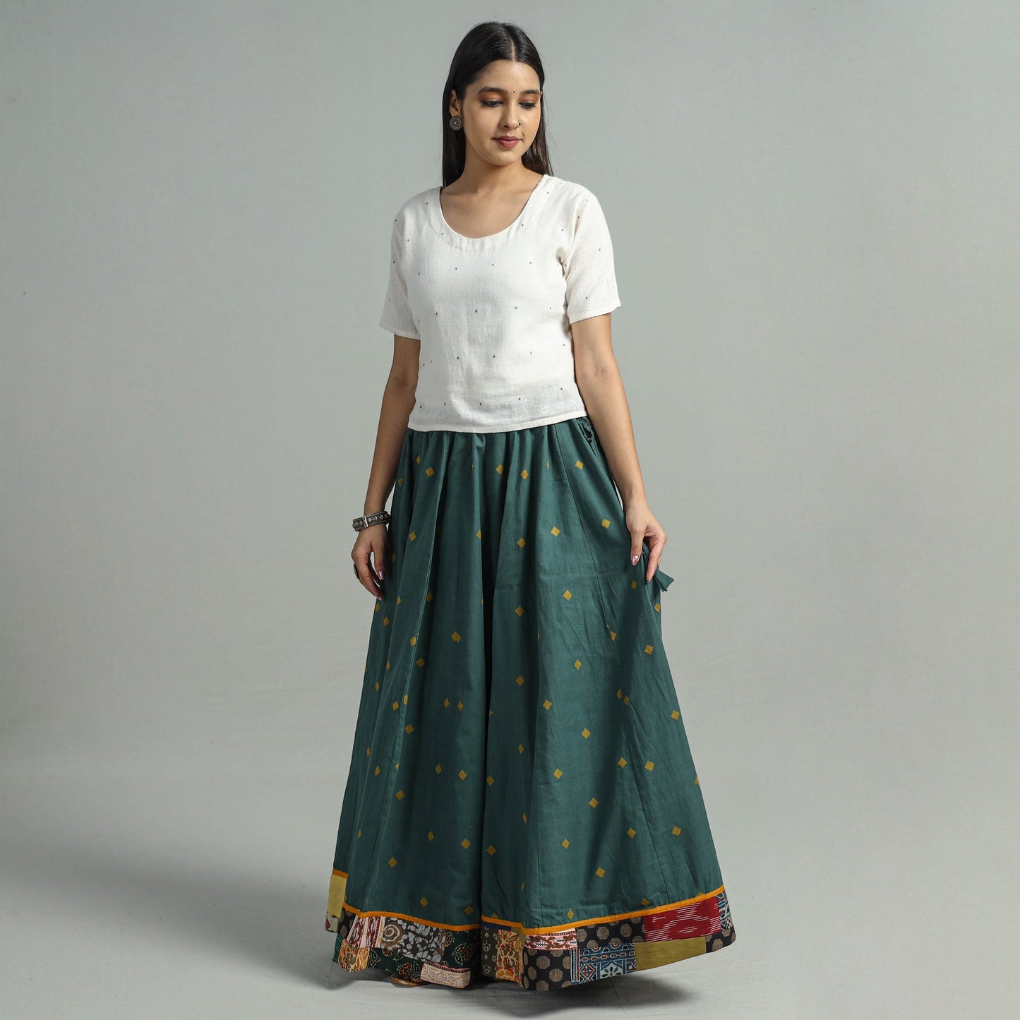 Green Jacquard Patchwork 24 Kali Cotton Long Skirt 
