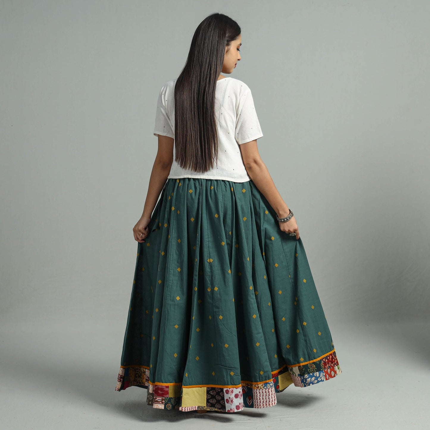 Green Jacquard Patchwork 24 Kali Cotton Long Skirt 