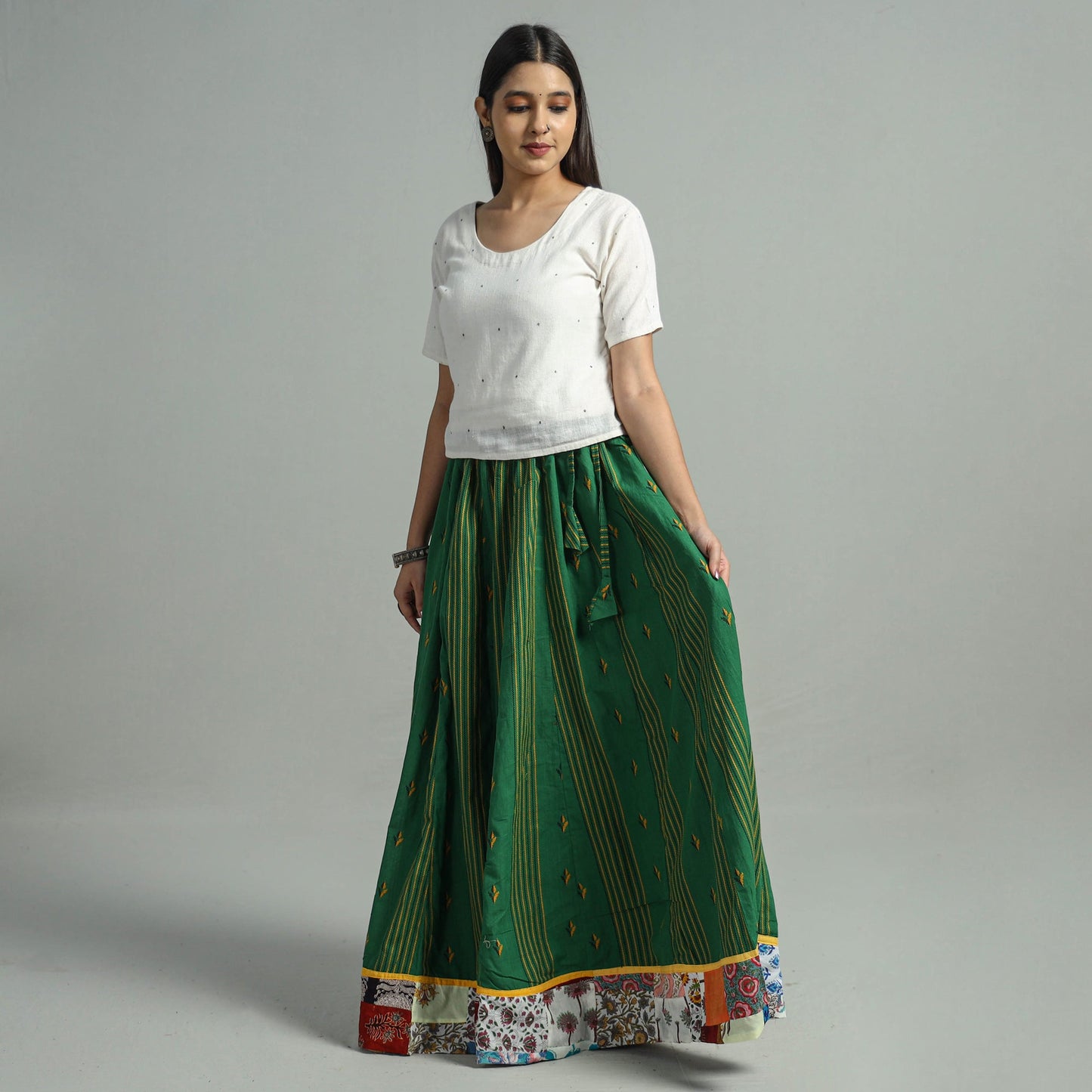 Green - Jacquard Patchwork 24 Kali Cotton Long Skirt 38
