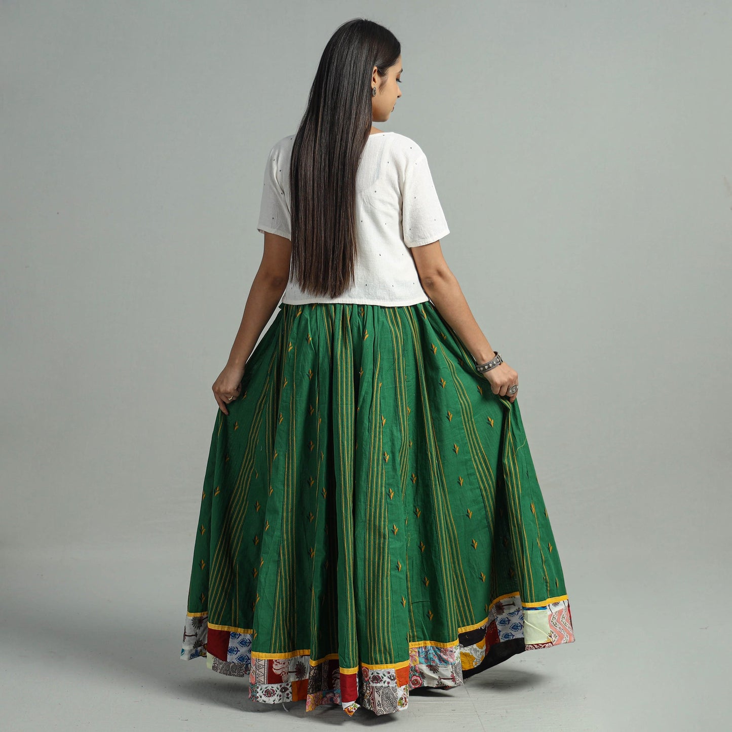 Green - Jacquard Patchwork 24 Kali Cotton Long Skirt 38