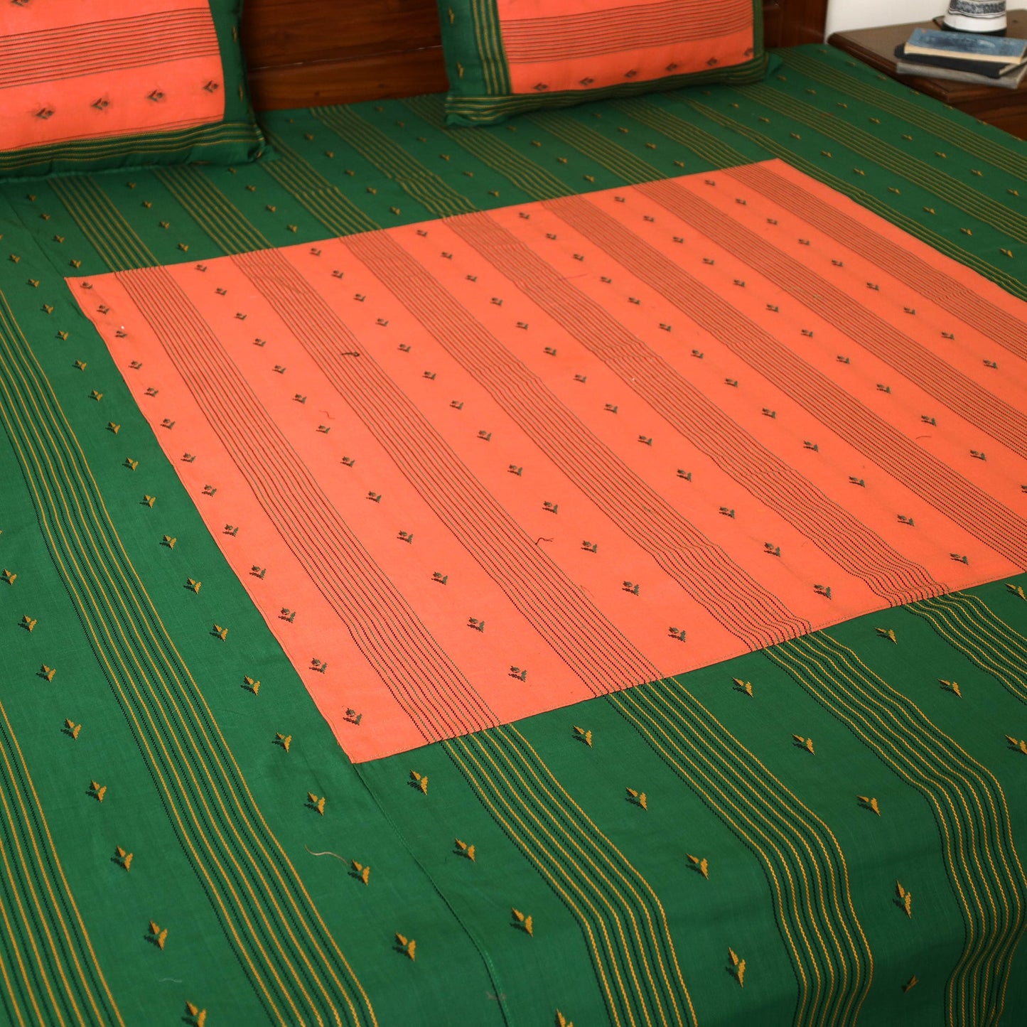 Green - jacquard patchwork cotton double bed cover