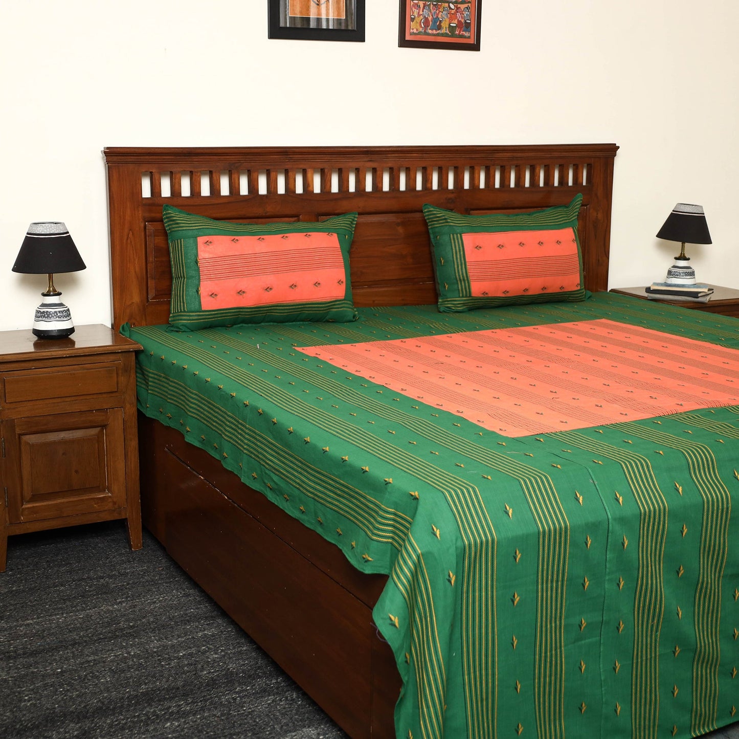 Green - jacquard patchwork cotton double bed cover