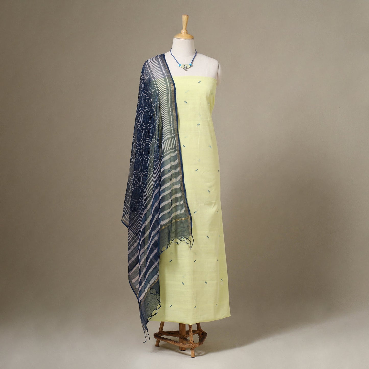 Green Jamdani Cotton Dress Material with Jewellery Set