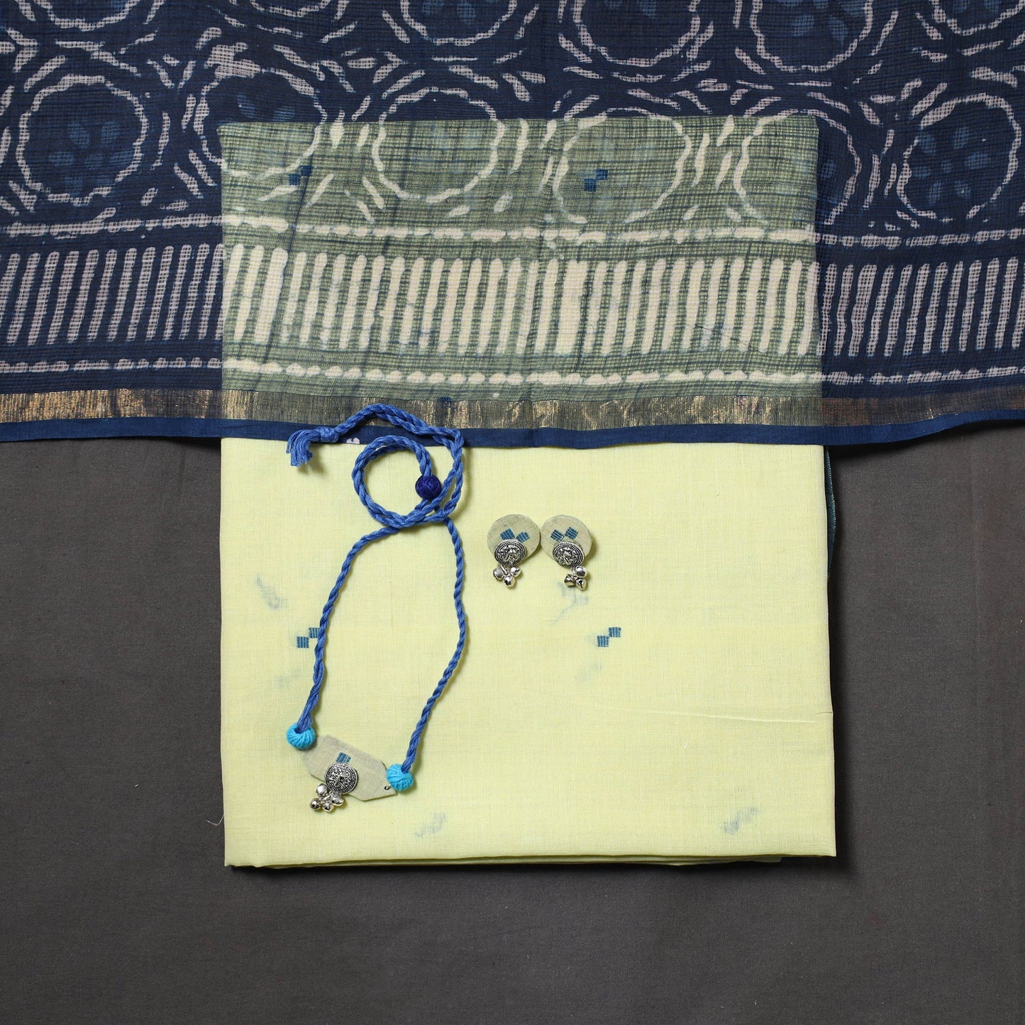 Green Jamdani Cotton Dress Material with Jewellery Set