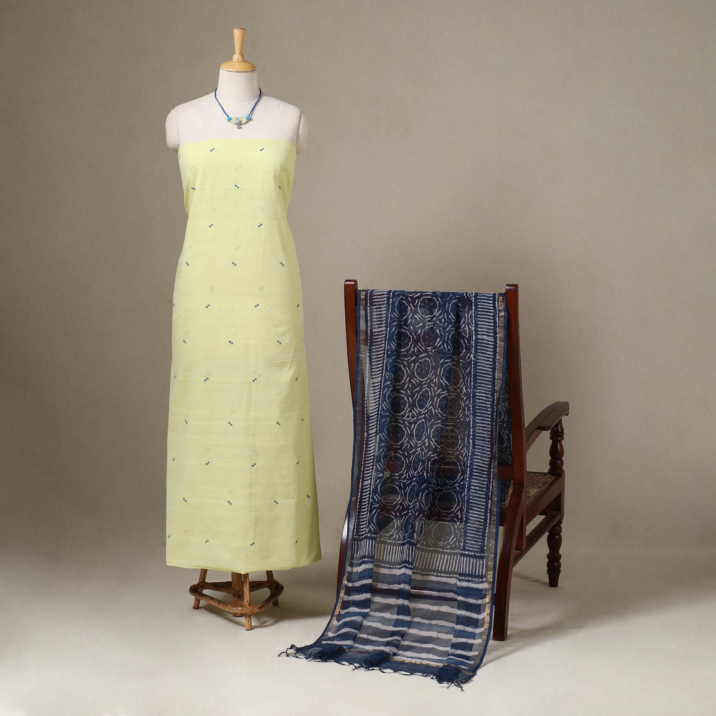 Green Jamdani Cotton Dress Material with Jewellery Set