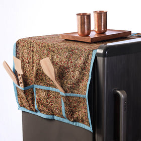 Green Kalamkari Block Print Cotton Fridge Top Cover with Multiple Pockets