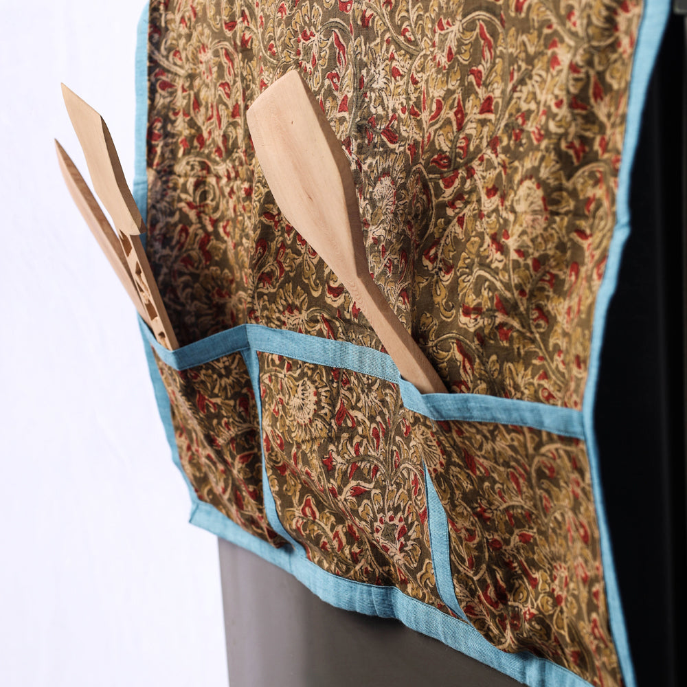 Green Kalamkari Block Print Cotton Fridge Top Cover with Multiple Pockets