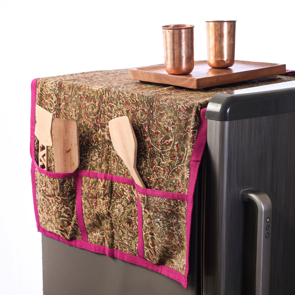 Green Kalamkari Block Print Cotton Fridge Top Cover with Multiple Pockets 
