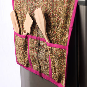Green Kalamkari Block Print Cotton Fridge Top Cover with Multiple Pockets 