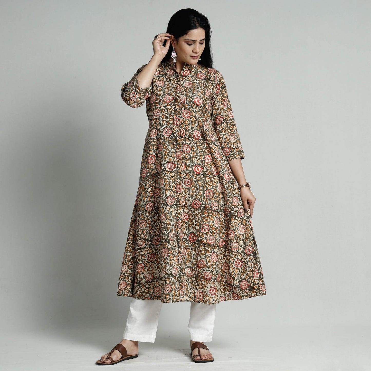 Buy Kalamkari Hand Block Printed Cotton Long Kurta For Women