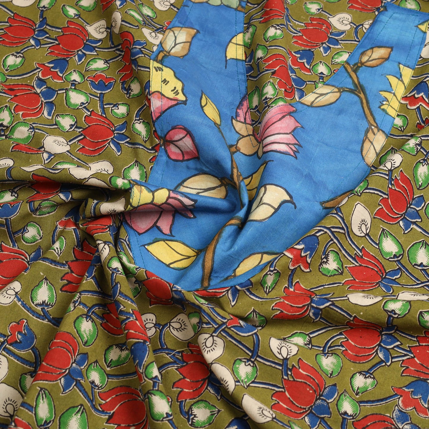 Buy Green Kalamkari Print Patchwork Cotton Kurta Material 