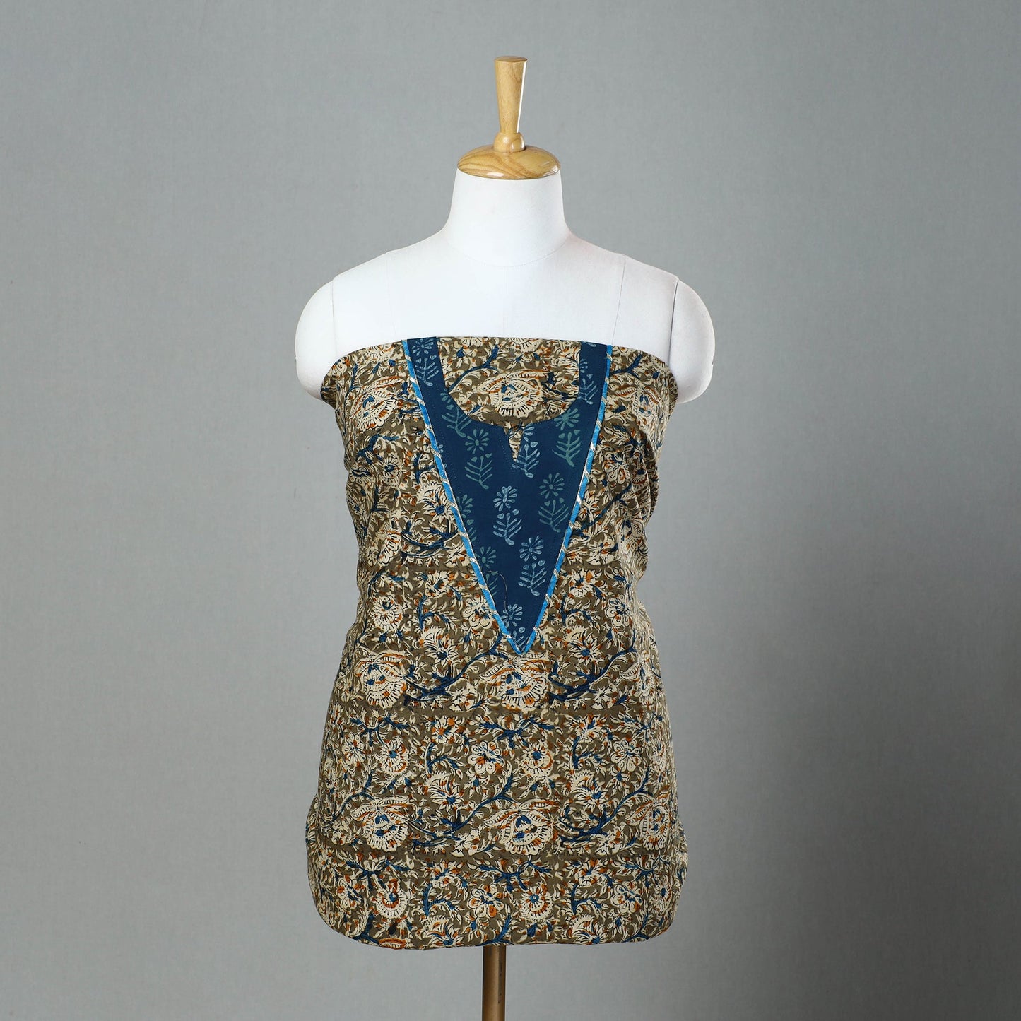 Green Kalamkari Print Patchwork Cotton Kurta Material (3m)